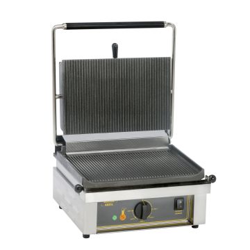 Roller Grill Single Contact Panini Grill FT flat bottom and top plate (R Ribbed version displayed)