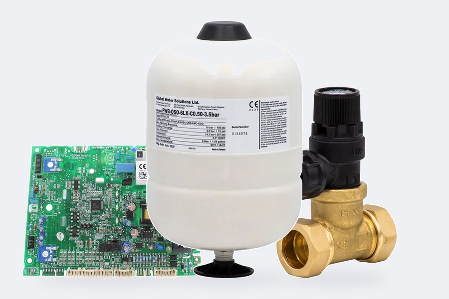Spare parts including an expansion vessel, PCB and pressure relief valve