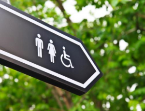 Sign Pointing Towards Male, Female, and Disabled Washrooms