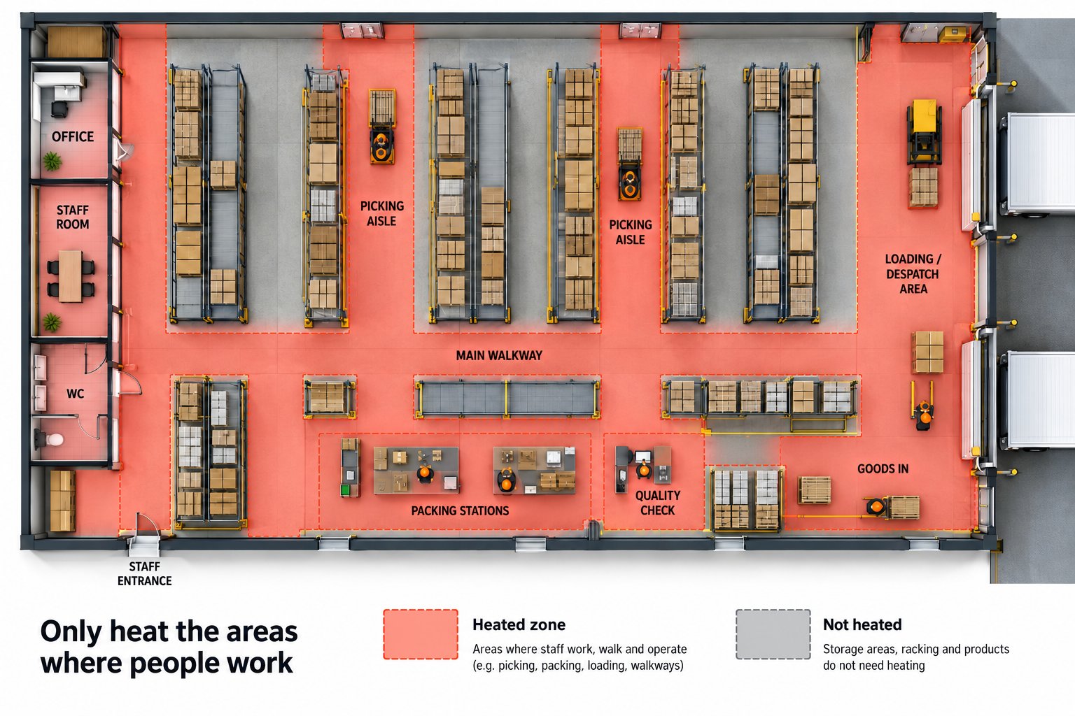 Warehouse floor plan showing heated zones in red for picking aisles, packing stations, walkways and loading areas, with racking and storage left unheated