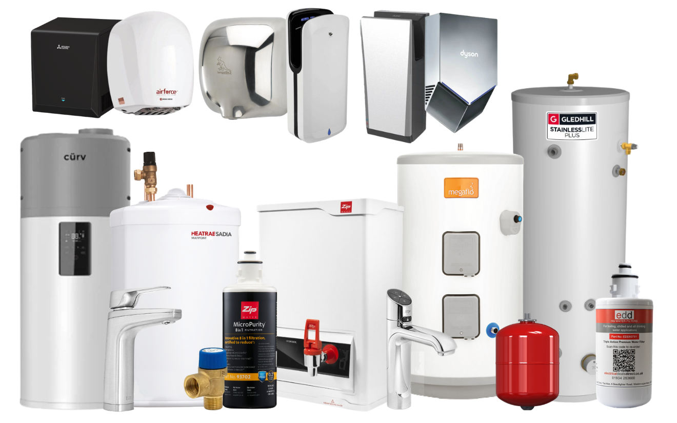Hand dryers from Mitsubishi, Warner Howard, Dyson and others, a Project Curv heat pump water heater, a Heatrae Sadia Multipoint, a Zip HydroBoil, Zip and Billi taps and filters, Megaflo and Gledhill unvented cylinders, an expansion vessel and a pressure relief valve